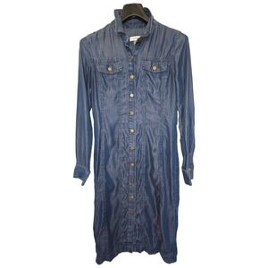Calvin Klein Blue Denim Viscose Button Front Midi Shirt Dress Size 4 Gold Button
